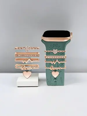 Heart Letter Rhinestone Decor Alloy Watchband Ring As Gift, 2024 New Stylish Compatible with Apple Samsung Huawei Smart Watch...