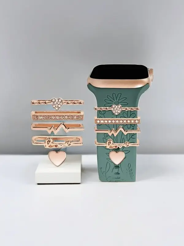 Heart Letter Rhinestone Decor Alloy Watchband Ring As Gift, 2024 New Stylish Compatible with Apple Samsung Huawei Smart Watch...