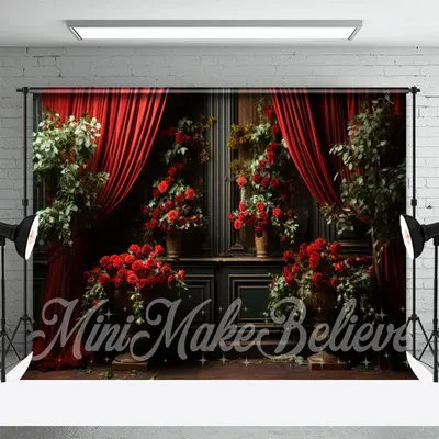 Red Rose Green Plants Gold Relief Wall Backdrop - Aperturee