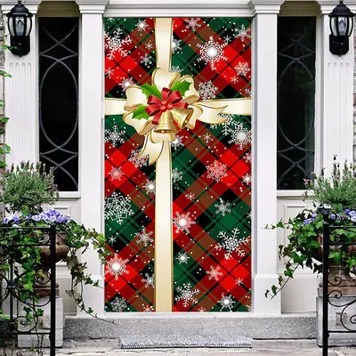 Aperturee Green Red Plaid Bow Tie Snowy Christmas Door Cover | Hanging Christmas Decorations | Christmas Door Wrap | Xmas Gar...