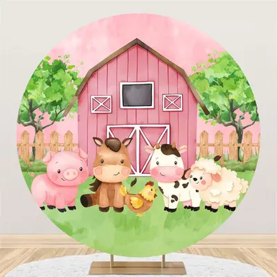 Rustic Pink Farm Animals Circle Baby Shower Backdrop - Aperturee