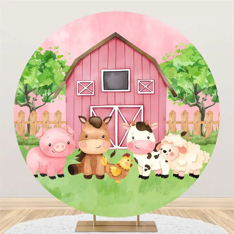 Rustic Pink Farm Animals Circle Baby Shower Backdrop - Aperturee