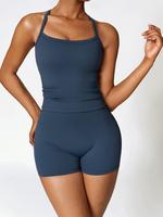 Two-piece Set Women's Solid Backless Cami Top & High Waist Shorts Tracksuit Set, Elegant Gym Outfits, Ladies Sportswear for I...