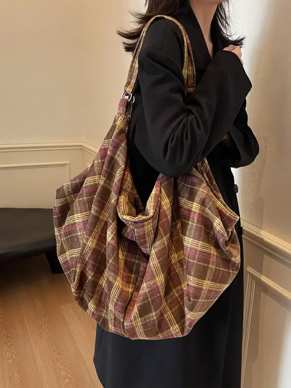Women's Fashionable Plaid Pattern Tote Bag, Casual Large Capacity Shoulder Bag for Work & Daily Used, Trendy All-match Bag fo...
