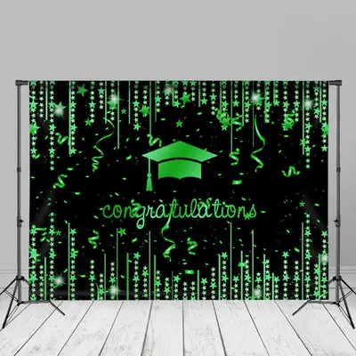 Green Stars Ribbon Glitter Black Grad Photo Backdrop - Aperturee