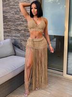 Two-piece Set Women's Halter Neck Crop Top & Fringe Trim Skirt, Casual Fashion Cozy Knitwear Set for Daily Outdoor Wear, Ladi...