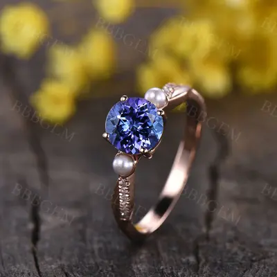 Tanzanite engagement ring rose gold pearl wedding band bridal promise ring