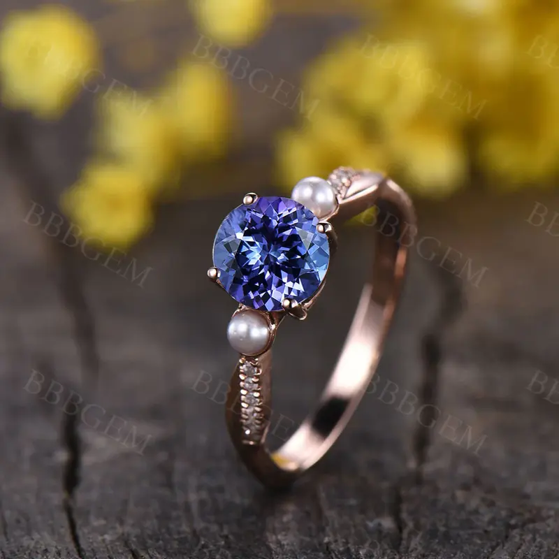 Tanzanite engagement ring rose gold pearl wedding band bridal promise ring