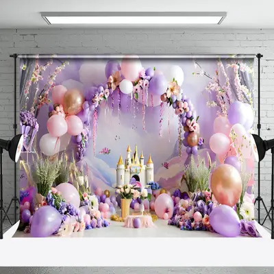 Aperturee Magical Purple Castle Mural Balloon Arch Backdrop
