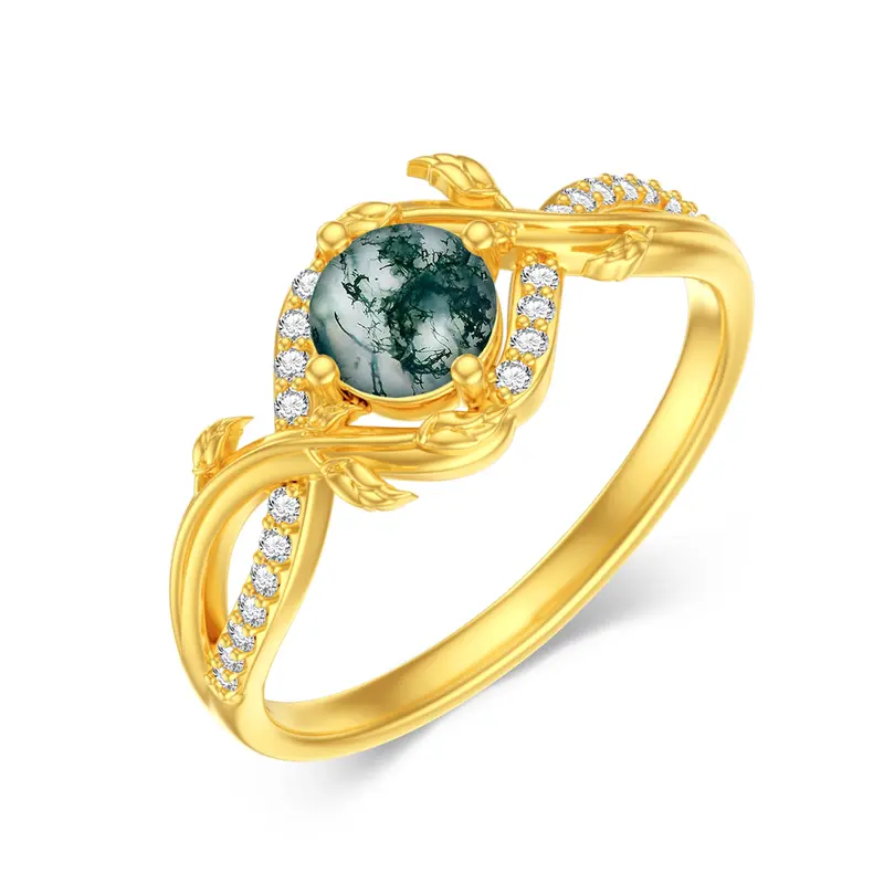 Sterling Silver with Yellow Gold Plated Round Cut Moss Agate Ring