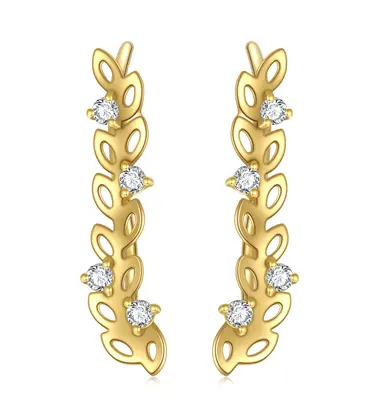 14K Gold Cubic Zirconia Leaves Climber Earrings