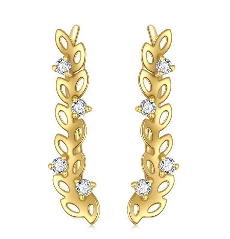 14K Gold Cubic Zirconia Leaves Climber Earrings
