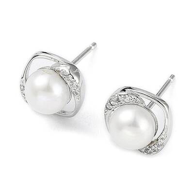 Anti-Tarnish Cubic Zirconia Sauqre with Natural Pearl Stud Earrings
