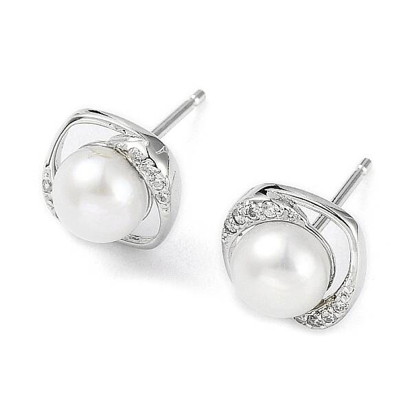 Anti-Tarnish Cubic Zirconia Sauqre with Natural Pearl Stud Earrings