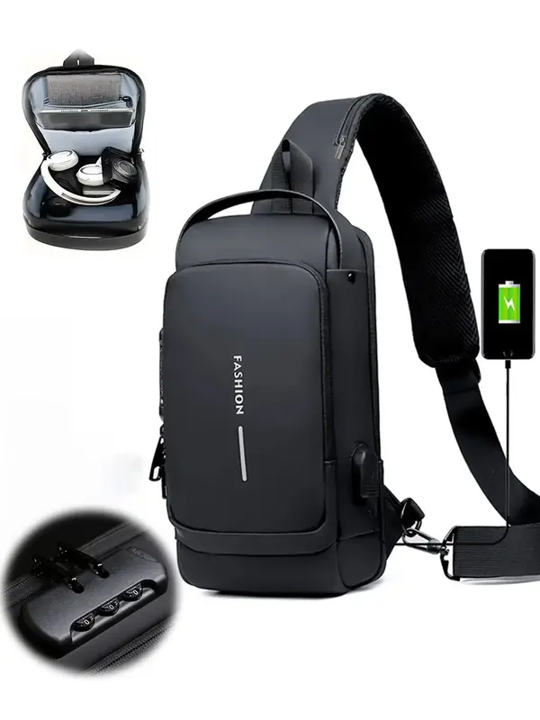 Men's Sporty Sling Bag with Combination Lock & USB Port, Business Waterproof Chest Bag, Simple All-match Designer Bag for Tra...