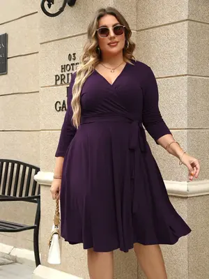 ćPlus SizećTrendy Plain Wrap V Neck Belted A Line Plus Size Dress, Women's 3/4 Length Sleeve Solid Dress, Fall Outfit