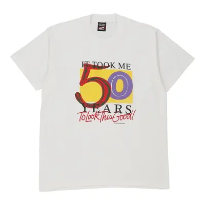 Single Stitch  Fruit Of The Loom Graphic T-Shirt - Large White Cotton