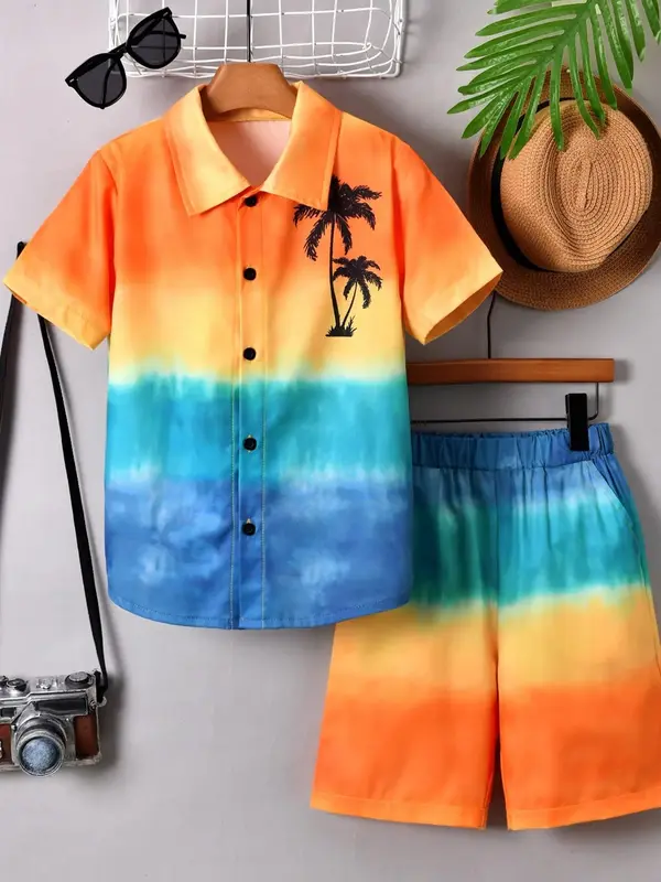 Two-piece Set Boy's Plants Print Short Sleeve Shirt & Elastic Waist Shorts, Casual Summer Clothes for Kids, Kids Clothing for...