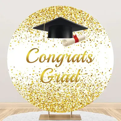 Round White Gold Bachelor Cap Congrats Grad Backdrop - Aperturee