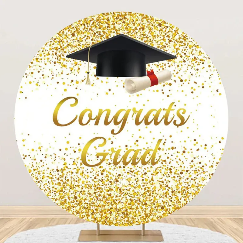 Round White Gold Bachelor Cap Congrats Grad Backdrop - Aperturee