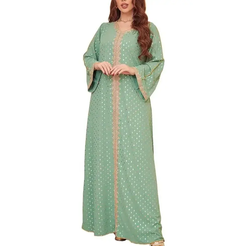 FPOVFPO Women's Muslim Abaya One-Piece V Neck Bronzing Dress Islamic Full Length Kaftan Daily Casual