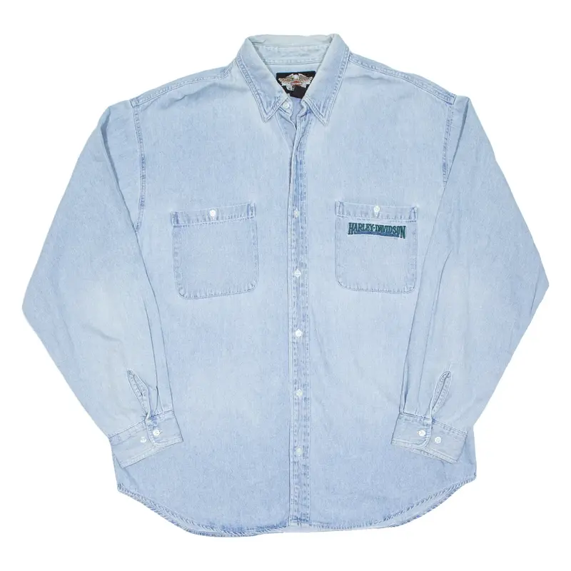HARLEY DAVIDSON Mens Denim Shirt Blue Long Sleeve 2XL