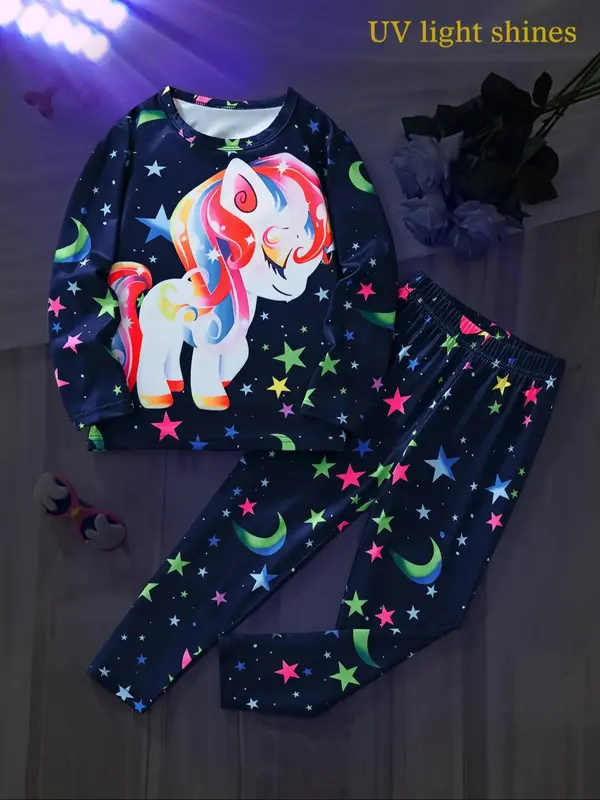 Toddler Girl's Cartoon Unicorn Theme Print Luminous Sweatshirt & Pants Two-piece Set, Cute Glow in The Dark Long Sleeve Round...