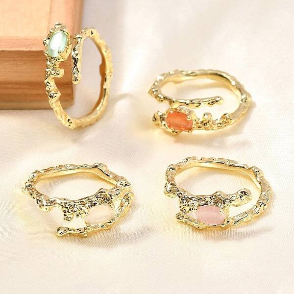 Oval Brass Cat Eye Cuff Rings for Women
