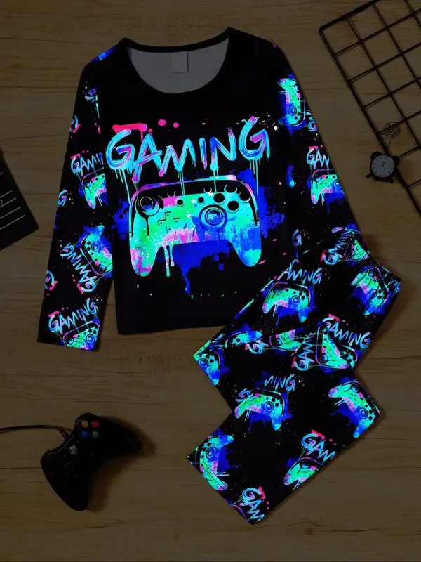 Two-piece Set Boy's Gamepad Print Long Sleeve Tee & Elastic Waist Pants Set, Casual Round Neck Top & Trousers for Spring & Fa...