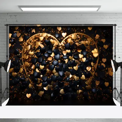 Glitter Black Golden Heart Valentines Day Backdrop - Aperturee