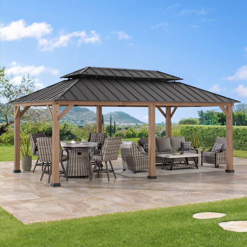 SUNJOY 12x20 Patio Wooden Gazebo with Ceiling Hooks - Weathered Cedar