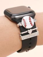 Creative Sports Baseball Design Watch Band Decorations for Apple Watch Band, 4 Counts/set Heart & Rhinestone Decorated Watch ...