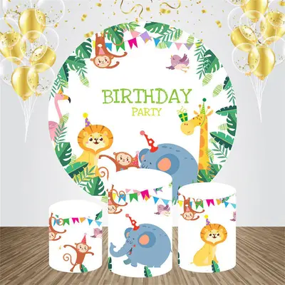 Monstera Animals Round Birthday Party Bakcdrop Kit - Aperturee