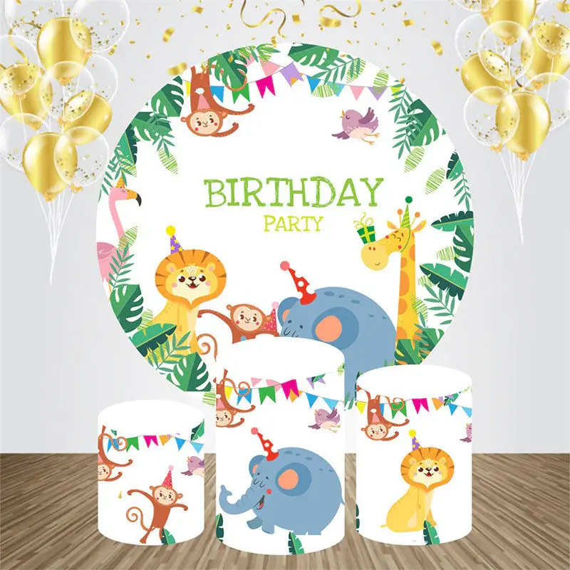 Monstera Animals Round Birthday Party Bakcdrop Kit - Aperturee