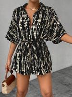 Women's Abstract Print Tie Waist Woven Romper, Casual Short Sleeve V Neck Jumpsuit for Summer, Lady Fashion Women's Clothes f...