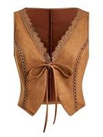 Women's Solid Color Lace Trim Suede Vest Jacket, Retro Fashion Casual Fitted Tie Front Outerwear for Daily Outdoor Wear, Ladi...
