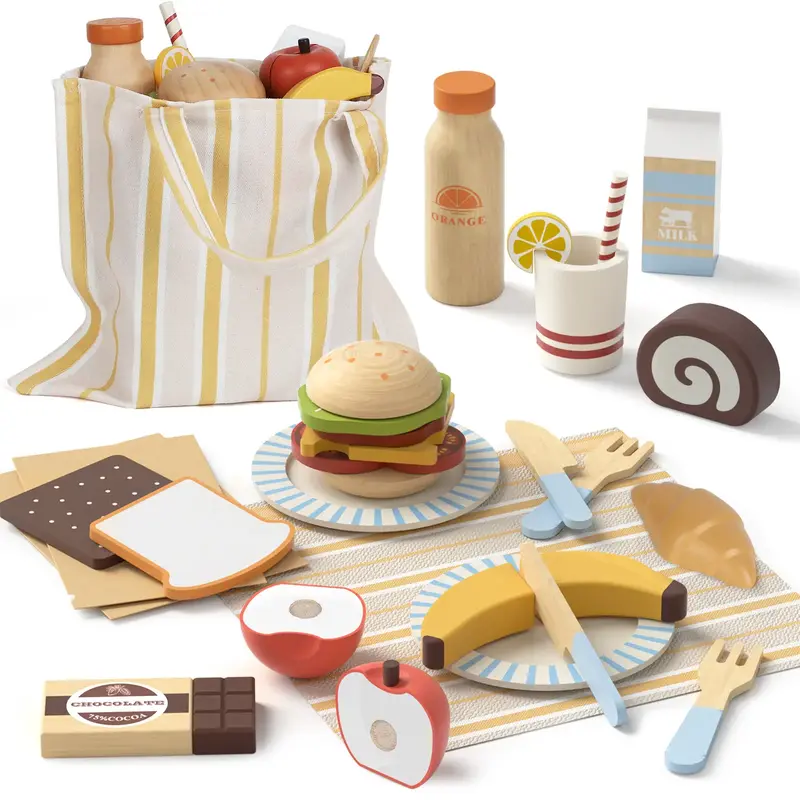 21PCS Pretend  play Picnic Set, Wooden play Food Sets for Kids kitchen, Lehoo Castle Pretend play Food Toys, Cutting Food Toy...