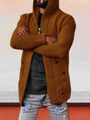 Solid Hooded Holey Sweater Coat, Brown / XL