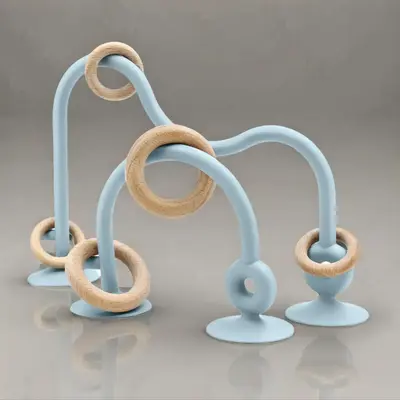 Baby Teething Toy, 1 Set Silicone & Natural Wood Baby Teether Toy, Montessori Sensory Highchair Toy, Suction Toys for Babies,...