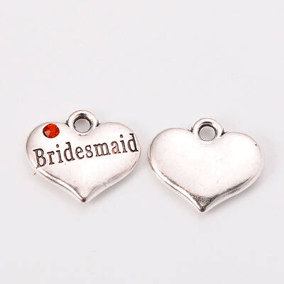 Wedding Theme Antique Silver Tone Tibetan Style Heart with Bridesmaid Rhinestone Charms