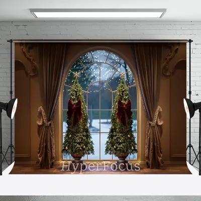 Vintage Brown Curtain Tree Window Christmas Backdrop - Aperturee