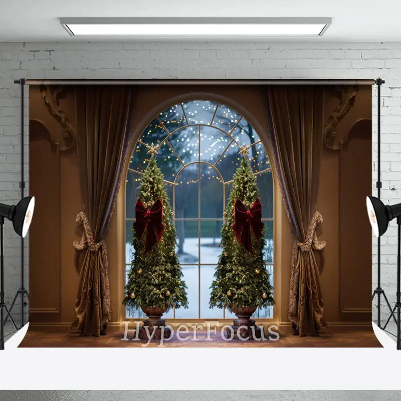Vintage Brown Curtain Tree Window Christmas Backdrop - Aperturee