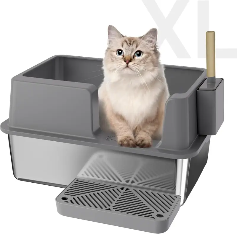 Extra Large Stainless Steel Litter Box XL Non-Sticky Metal Litter Box Tray Anti-Leakage Easy Cleaning with Litter Scoop and H...