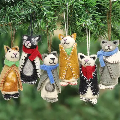 NOVICA Cozy Animals Embroidered Wool Cat Ornaments from India (Set of 6)