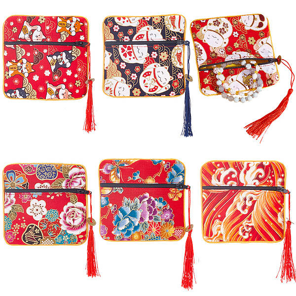 6Pcs 6 Styles Square Cloth Jewelry Packing Pouches Drawstring Bags with Tassel