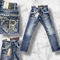 Y2K Rock Revival Men's Slim Fit Straight Leg Jeans with Embroidered R-Pocket, Rock Revival for Men, Men's Relaxed Jeans, Men'...