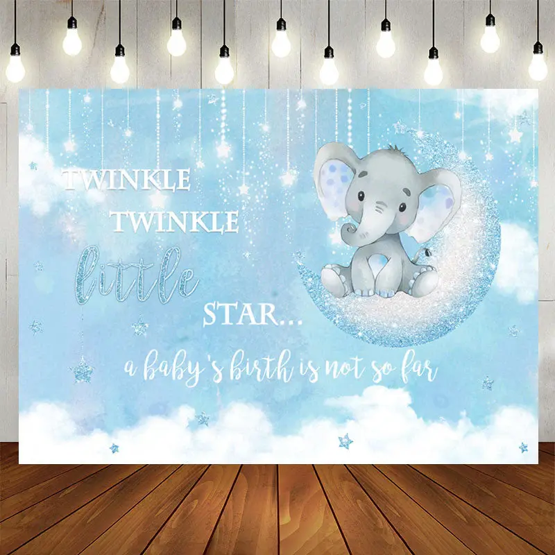 Aperturee Blue Little Star And Elephant Baby Shower Backdrop