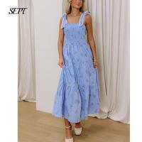 Women's Summer Tie-Shoulder Dress Stylish Floral Print Plaid Ruffled Trim Smocked Sleeveless A-Line Long Dress