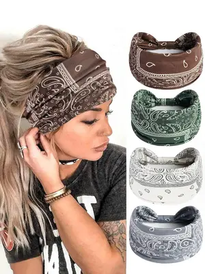 Paisley Print Sports Hair Band, Breathable Wide-brimmed Hair Band for Yoga Gym Workout Tennis Pickleball, 4 Counts Summer Bac...