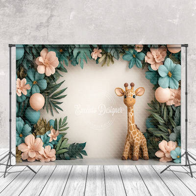 Jungle Plant Floral Giraffe Cake Smash Photo Backdrop - Aperturee